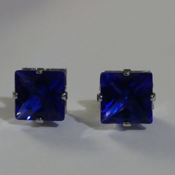 Blue Sapphire Square Cut Stud Earrings - Picture 2 of 6